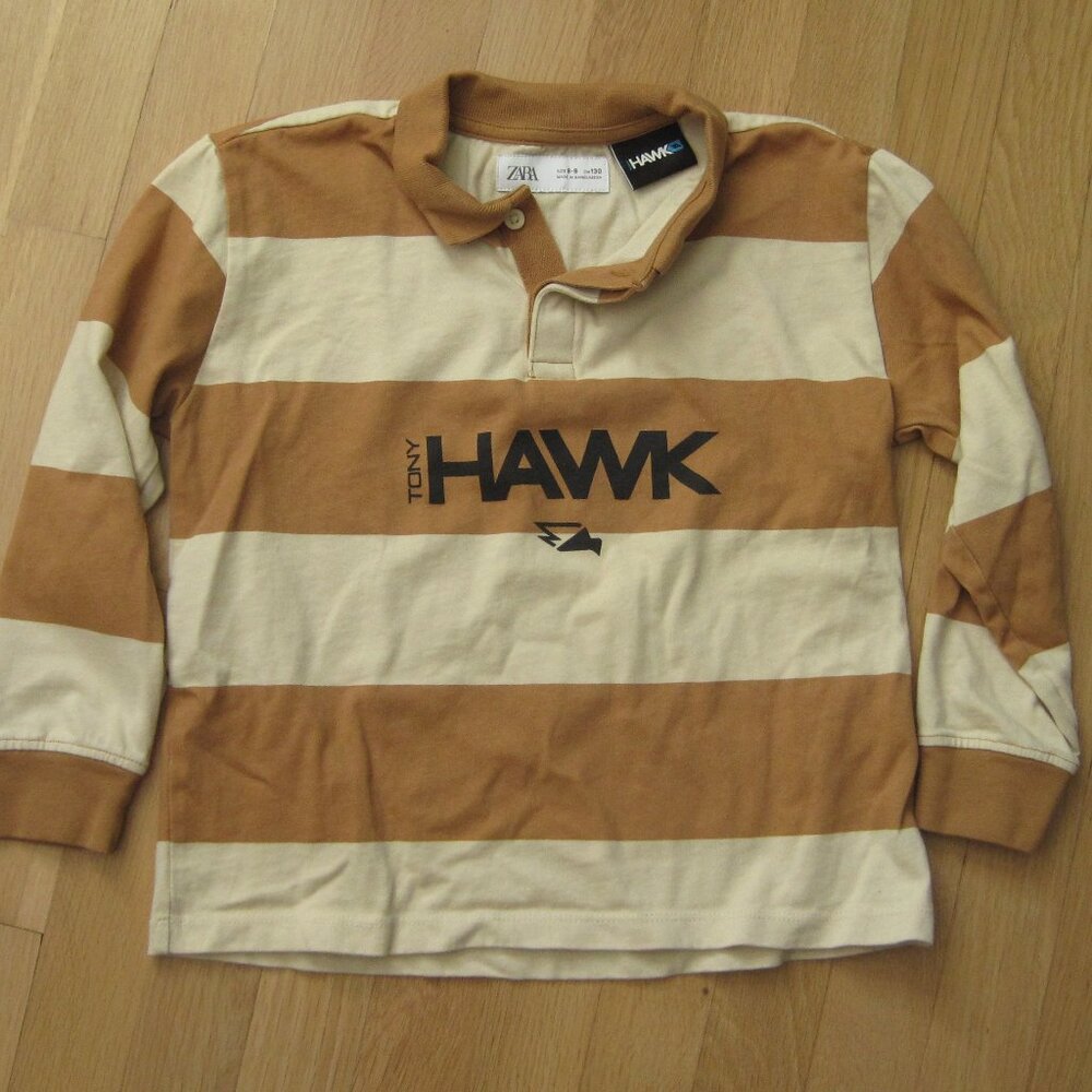 Zara Boys Tony Hawk Long Sleeve Polo Shirt Size 8-9 Brown Tan Stripe 100% Cotton